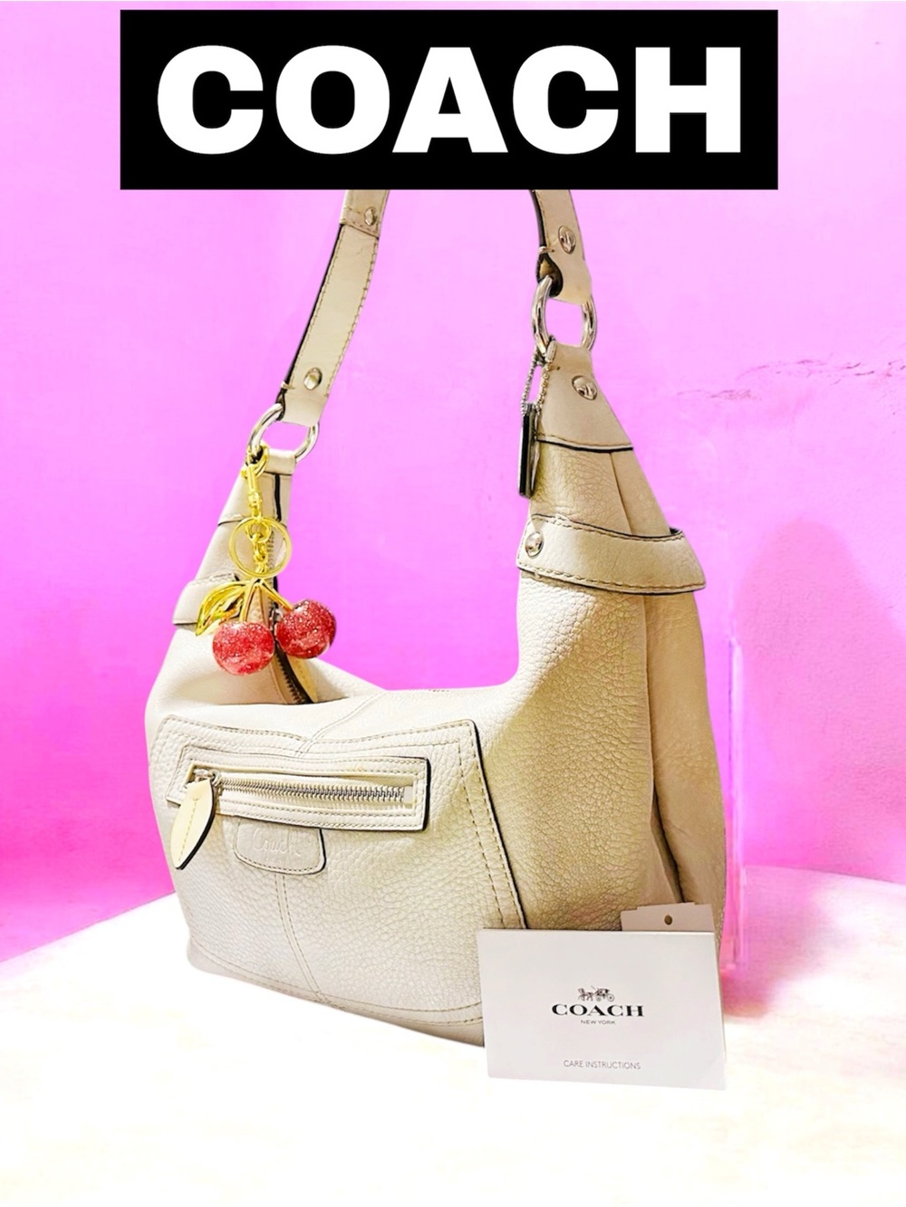 Vintage Coach soho schoder Bag Pebbled Leather Hobo Bag in Cream - Picture 4 of 17